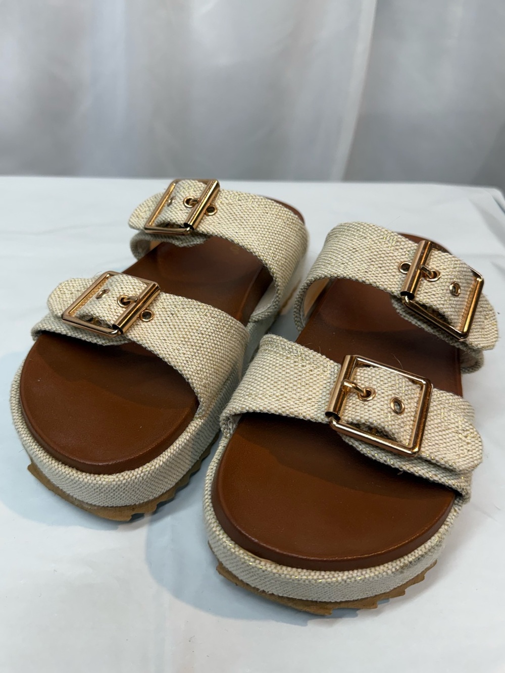 Bamboo Canvas with Woven Gold Threads and Buckle Details Low Platform Slip-Ons🌸
